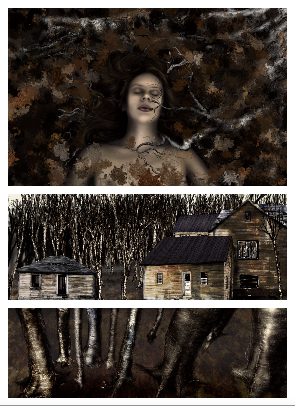 Digital painting of a woman, house, trees